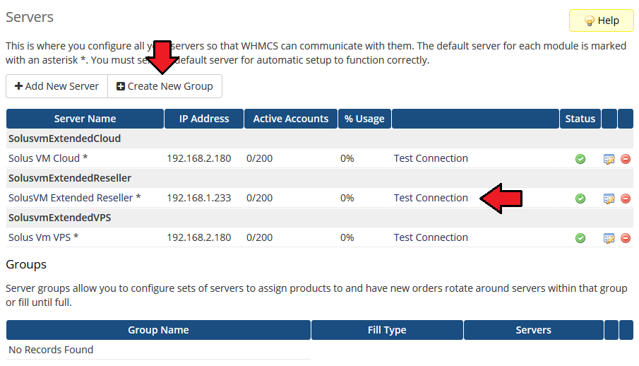 SolusVM Extended Reseller For WHMCS: WHMCS Servers list with the new server, Test Connection link and Create New Group