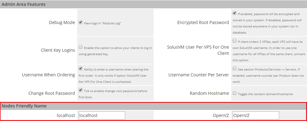 SolusVM Extended VPS For WHMCS: Module Settings tab, Admin Area Features and the Nodes Friendly Name section