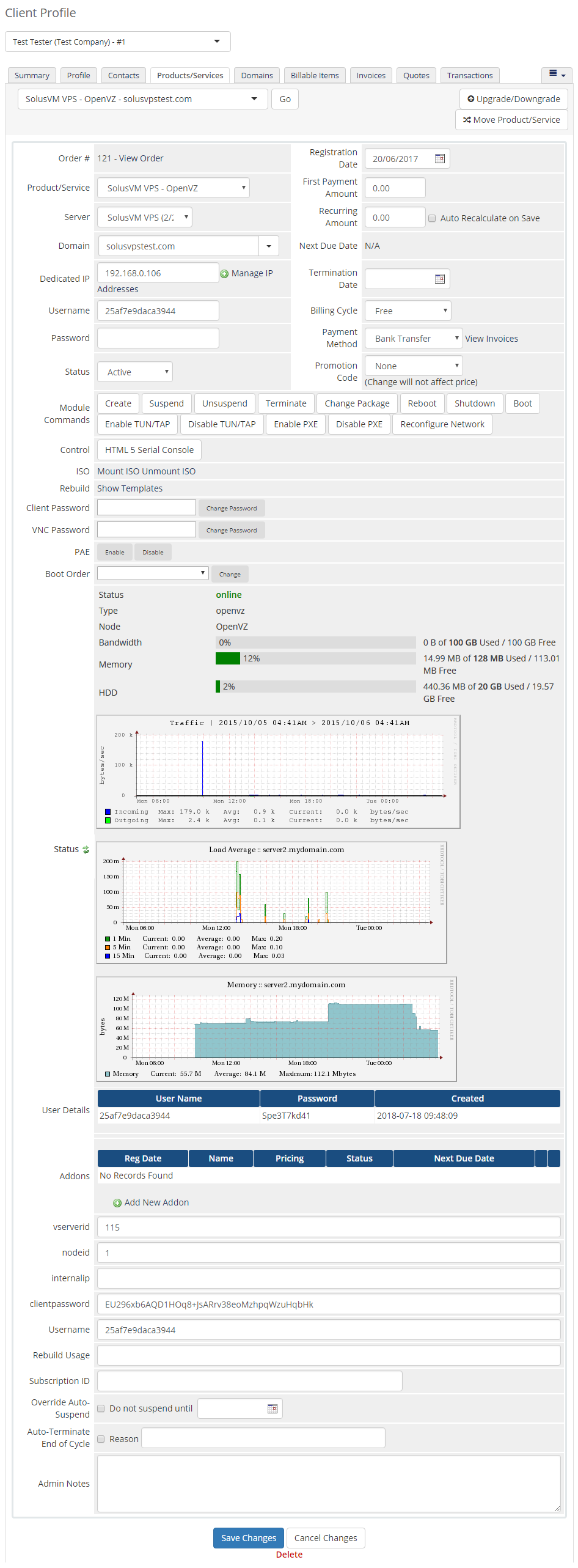 SolusVM Extended VPS For WHMCS: WHMCS admin area client product page with VPS module commands, usage graphs and user