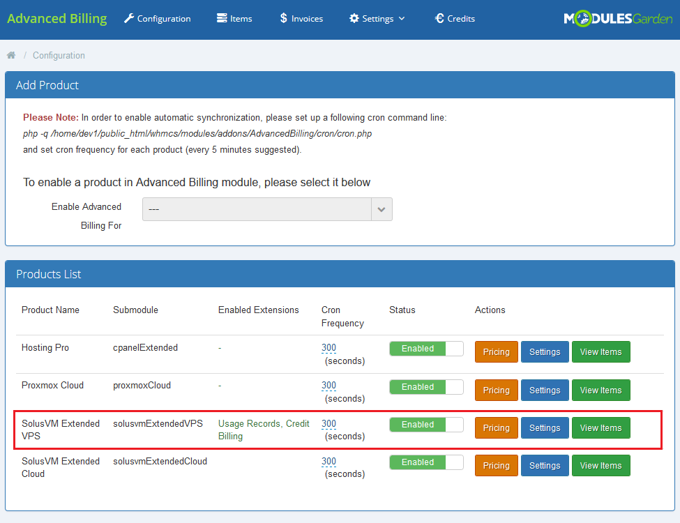 SolusVM Extended VPS For WHMCS: Advanced Billing Configuration page with the SolusVM Extended VPS product row