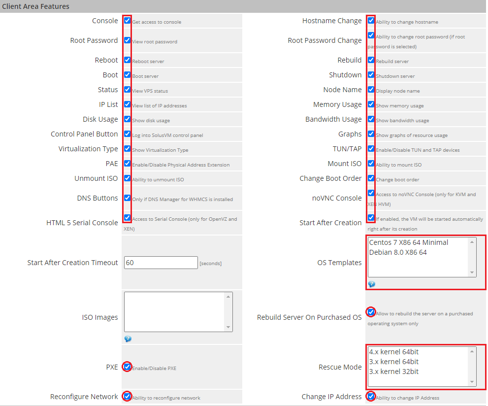 SolusVM Extended VPS For WHMCS: Module Settings tab, Client Area Features checkboxes, OS templates and rescue mode