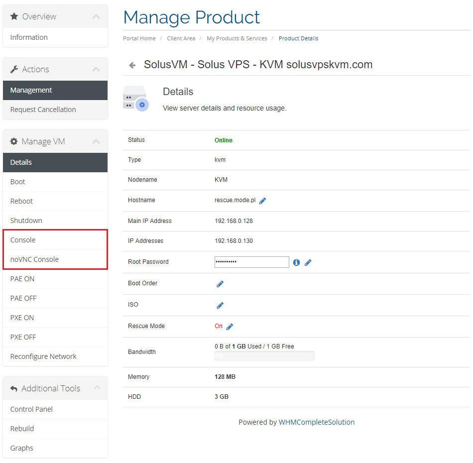 SolusVM Extended VPS For WHMCS: client area Manage Product page of a KVM VPS with Console and noVNC Console menu items