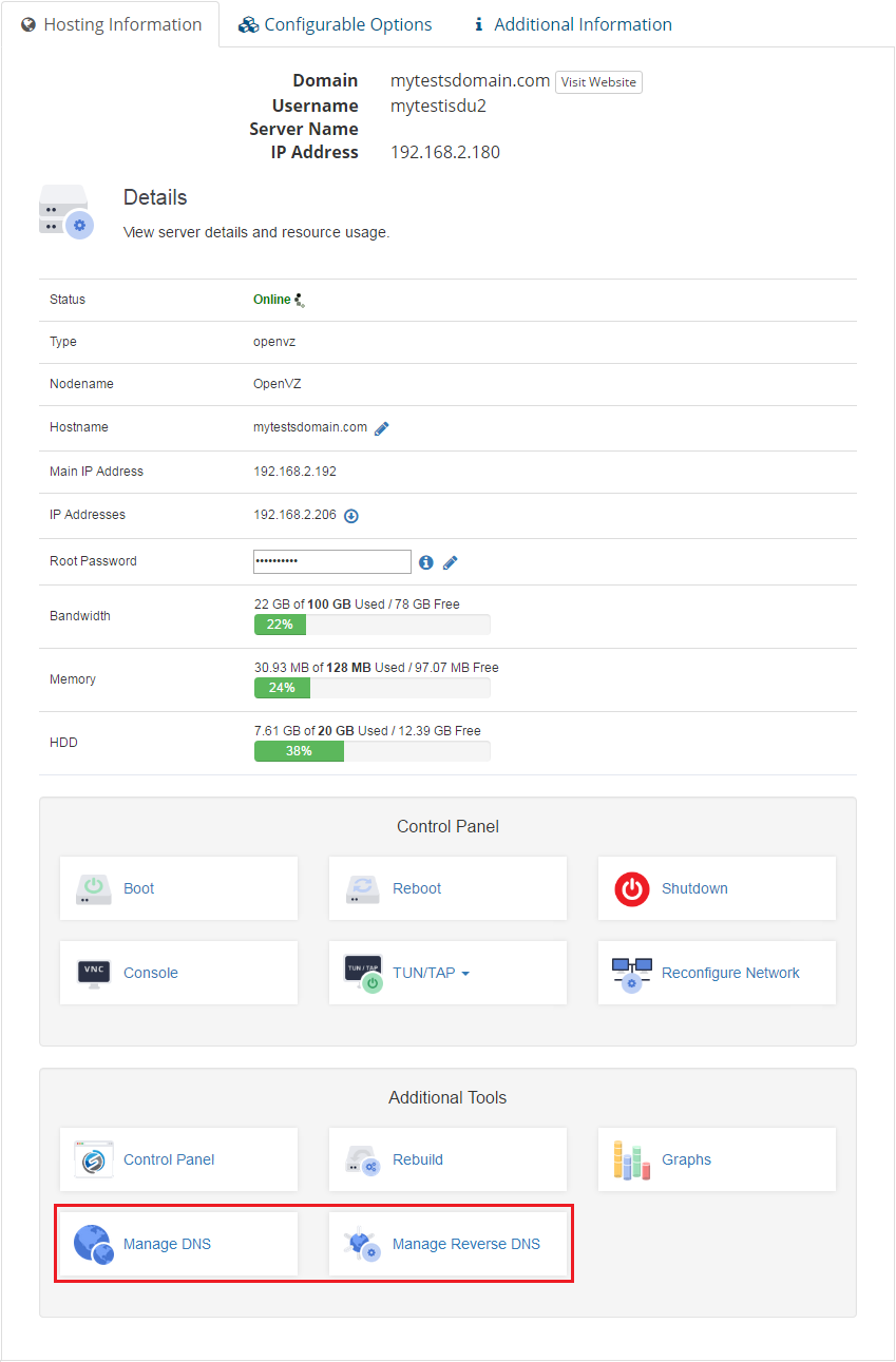 SolusVM Extended VPS For WHMCS: client area product details with Manage DNS and Manage Reverse DNS buttons highlighted