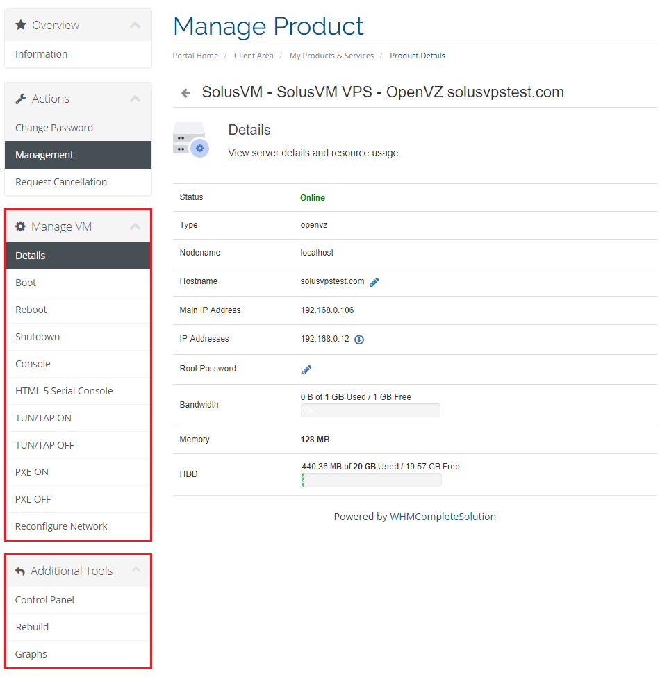 SolusVM Extended VPS For WHMCS: client area Manage Product page with the Manage VM and Additional Tools menus for OpenVZ