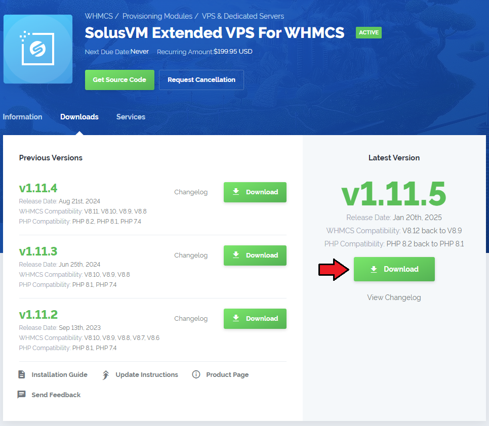 SolusVM Extended VPS For WHMCS: client area product page with the Downloads tab and the latest version Download button