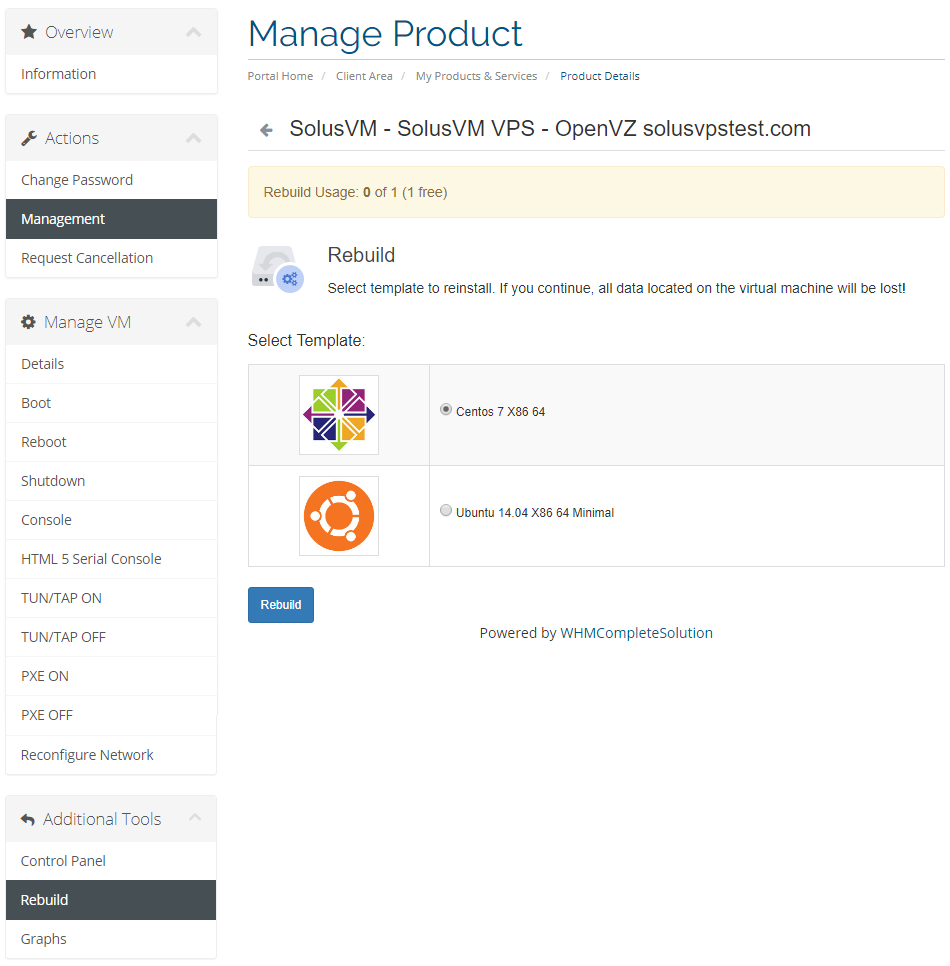 SolusVM Extended VPS For WHMCS: client area Rebuild page with the OS template list and the Rebuild button