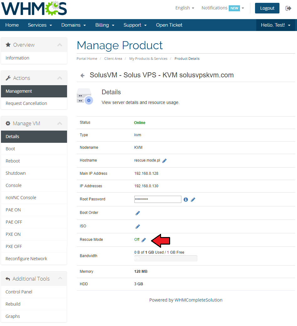 SolusVM Extended VPS For WHMCS: client area KVM server Details page with the Rescue Mode Off status and edit icon marked