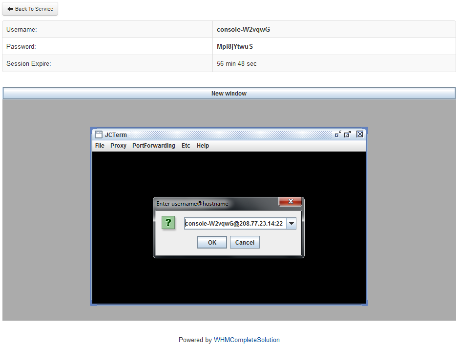 SolusVM Extended VPS For WHMCS: client area SSH console page with credentials and a JCTerm login prompt
