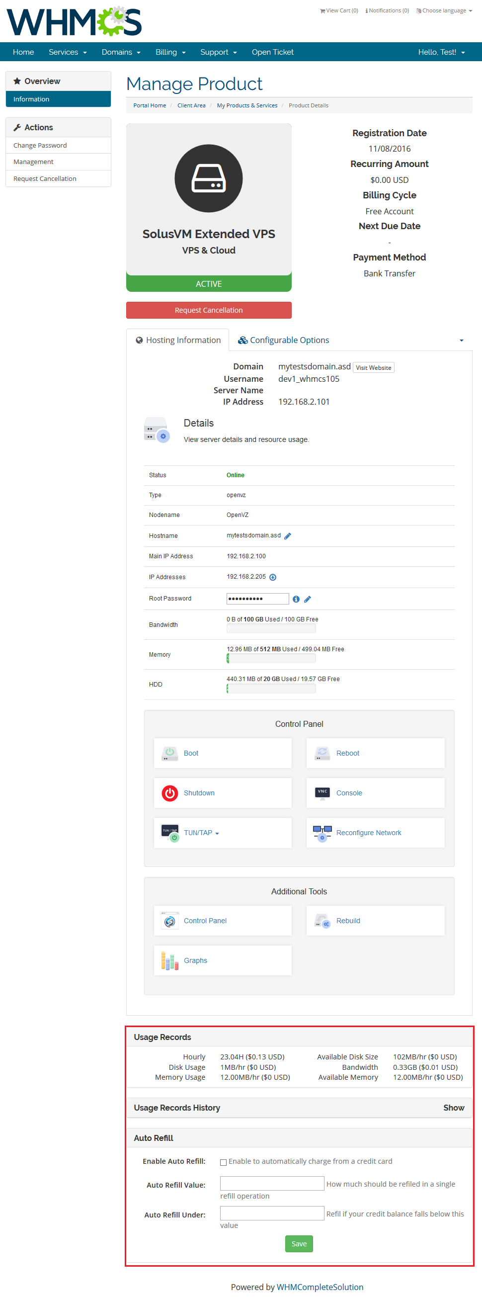 SolusVM Extended VPS For WHMCS: client area product page with Usage Records and Auto Refill sections highlighted