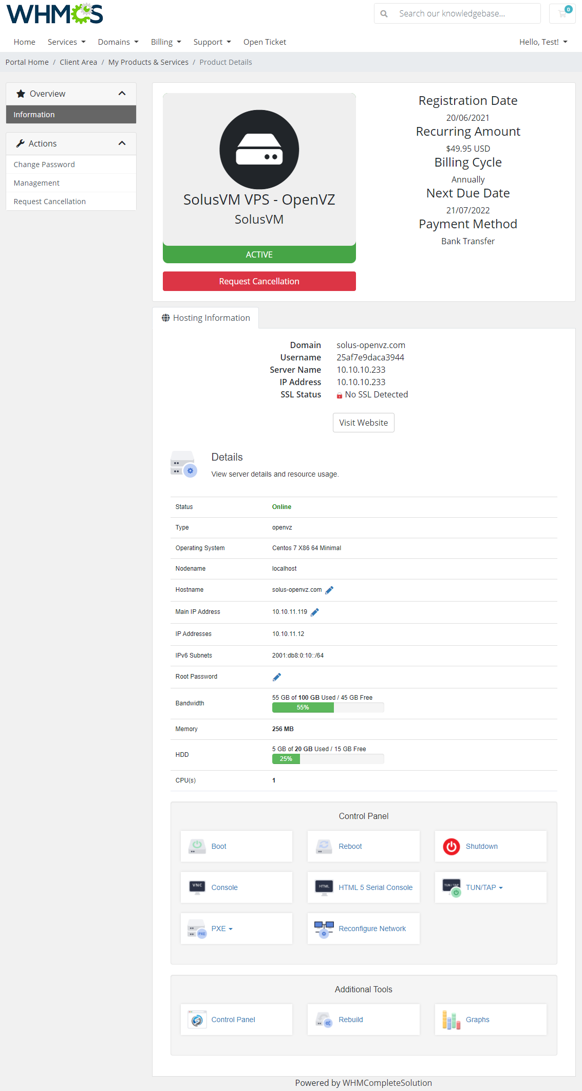 SolusVM Extended VPS For WHMCS: WHMCS client area VPS product page with hosting details and Control Panel action buttons
