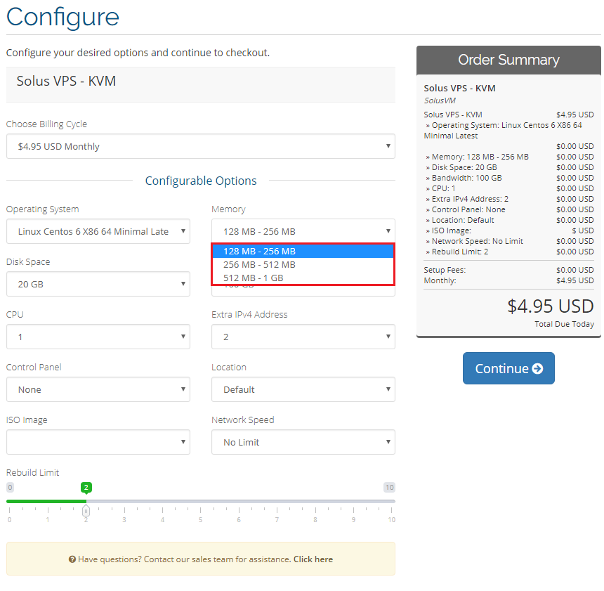 SolusVM Extended VPS For WHMCS: order Configure page with the Memory configurable option drop-down list expanded and