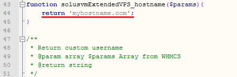 SolusVM Extended VPS For WHMCS: code editor showing the hostname hook function returning a custom hostname value