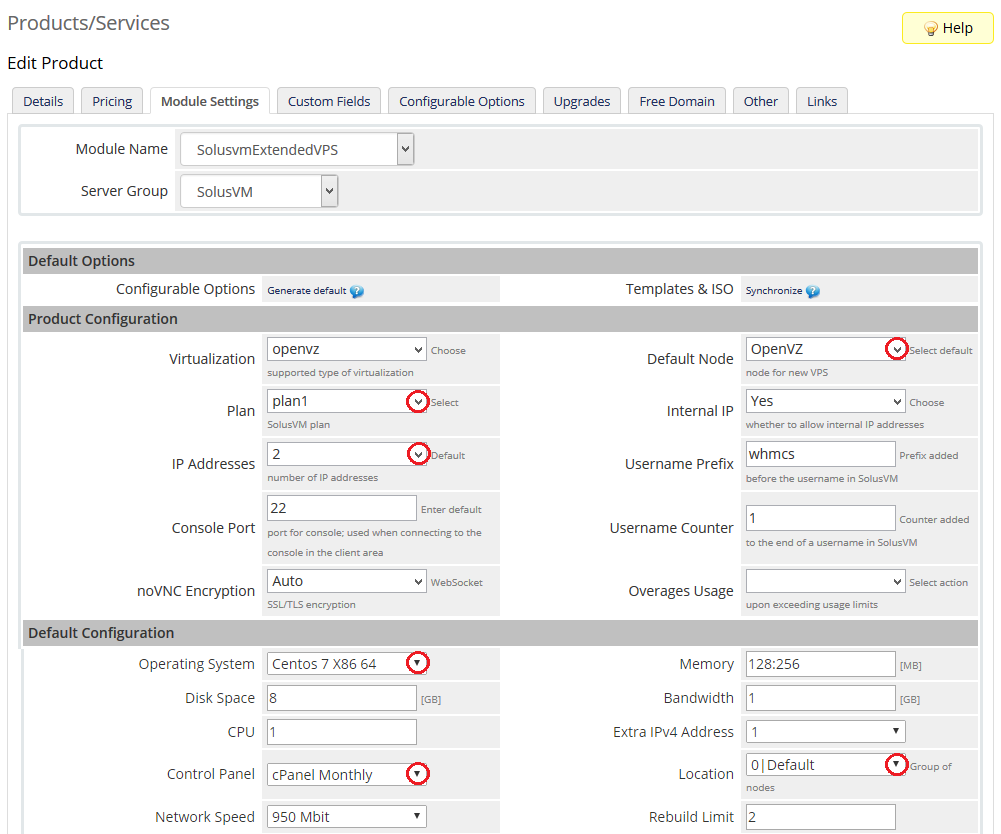 SolusVM Extended VPS For WHMCS: Module Settings tab with default node, plan, IP addresses and Default Configuration