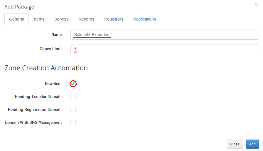 SolusVM Extended VPS For WHMCS: DNS Manager Add Package form, General tab with name, zones limit and New Item automation