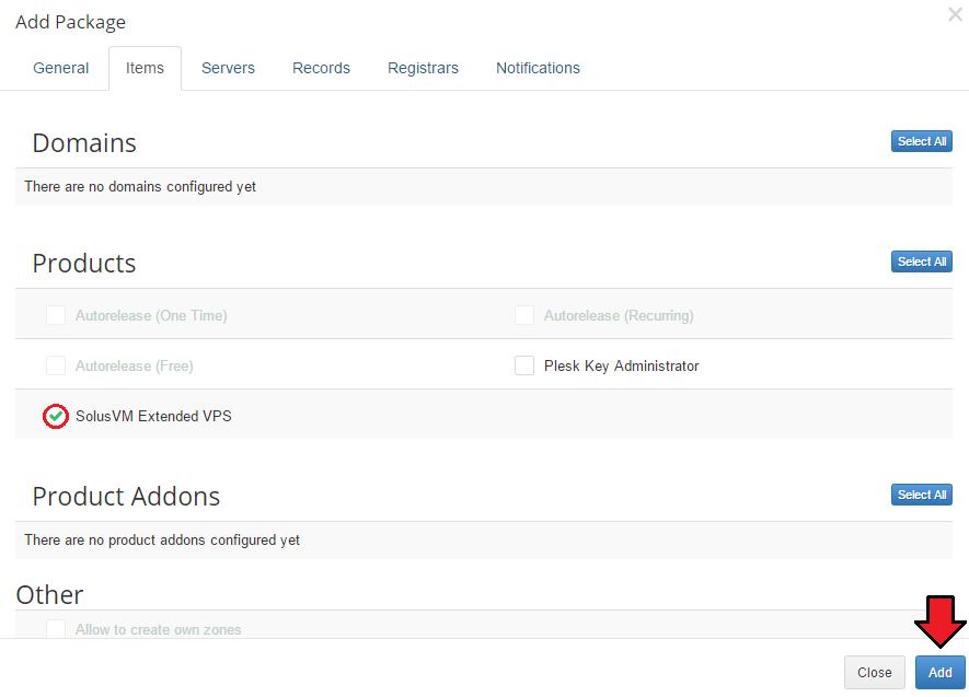 SolusVM Extended VPS For WHMCS: DNS Manager Add Package form, Items tab with SolusVM Extended VPS selected and the Add