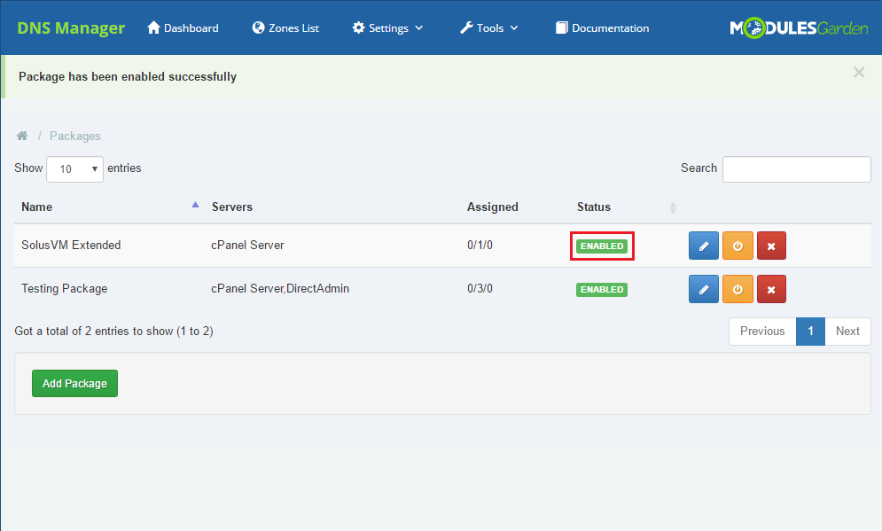 SolusVM Extended VPS For WHMCS: DNS Manager Packages list with the success message and the package status shown as