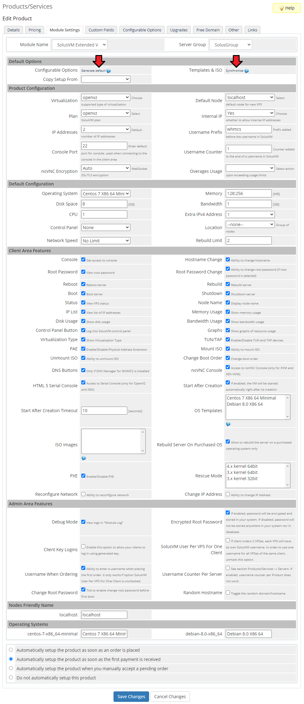 SolusVM Extended VPS For WHMCS: full Module Settings tab with arrows at Generate default and Synchronize links
