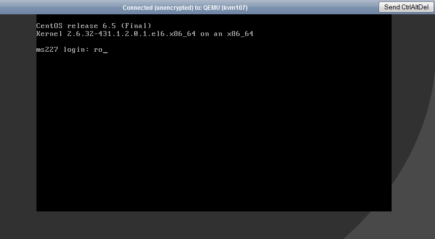 SolusVM Extended VPS For WHMCS: HTML5 noVNC console showing a CentOS login prompt with the Send CtrlAltDel button