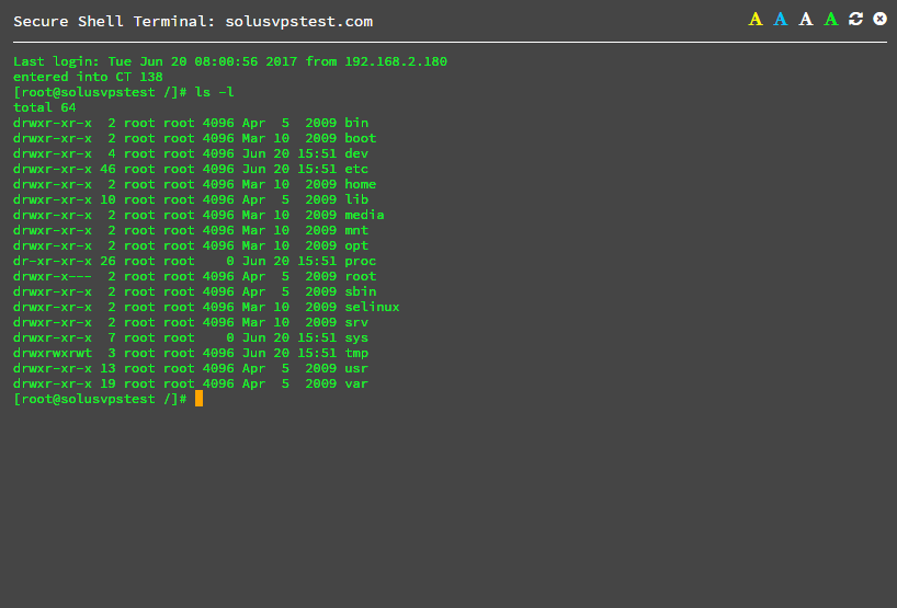 SolusVM Extended VPS For WHMCS: HTML 5 Serial Console terminal window showing an ls -l listing on an OpenVZ server