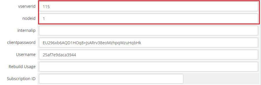 SolusVM Extended VPS For WHMCS: service admin fields with the vserverid and nodeid values highlighted for an imported