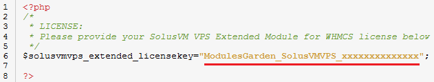SolusVM Extended VPS For WHMCS: license.php file with the license key variable edited between quotation marks