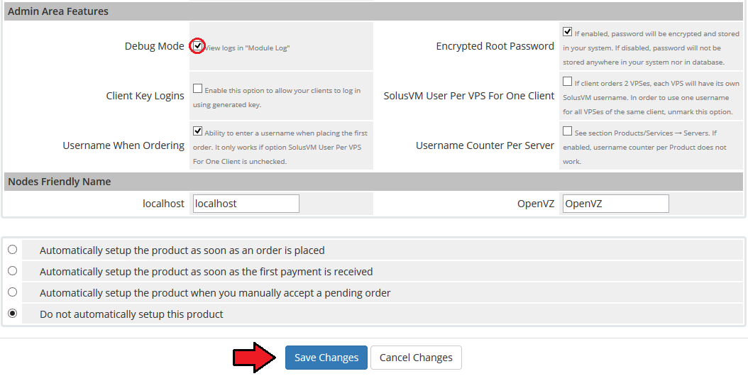 SolusVM Extended VPS For WHMCS: WHMCS product Module Settings with the Debug Mode checkbox ticked and Save Changes