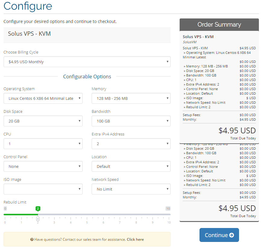 SolusVM Extended VPS For WHMCS: order Configure page with configurable options for Solus VPS - KVM and the Order Summary