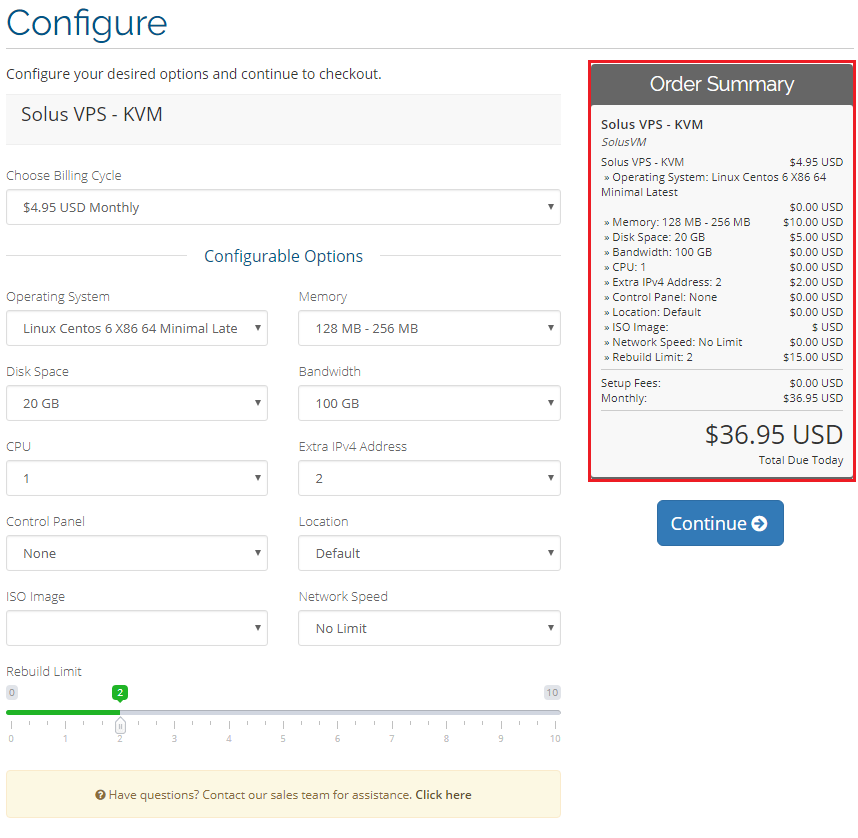 SolusVM Extended VPS For WHMCS: order Configure page with the Order Summary price list highlighted
