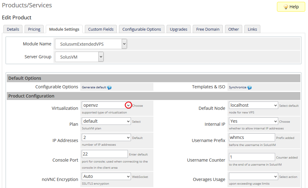 SolusVM Extended VPS For WHMCS: Module Settings tab with Product Configuration section and the Virtualization type