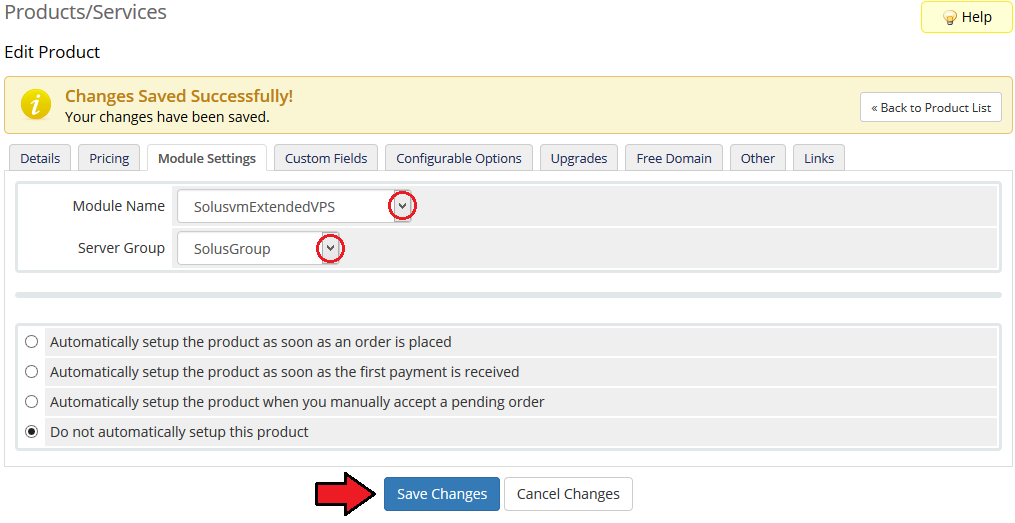 SolusVM Extended VPS For WHMCS: WHMCS product Module Settings tab with SolusvmExtendedVPS module and server group