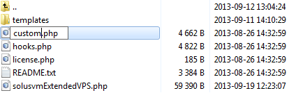 SolusVM Extended VPS For WHMCS: module hooks folder in a file manager with custom.php being renamed from