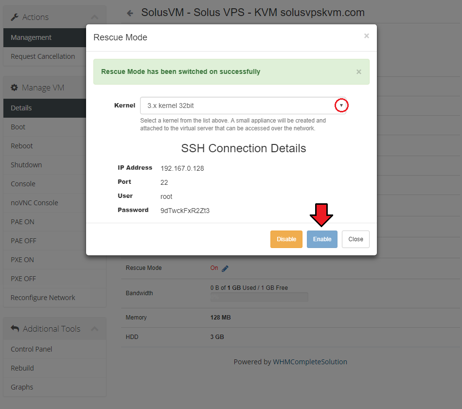 SolusVM Extended VPS For WHMCS: Rescue Mode pop-up with the kernel list, SSH connection details and the Enable button