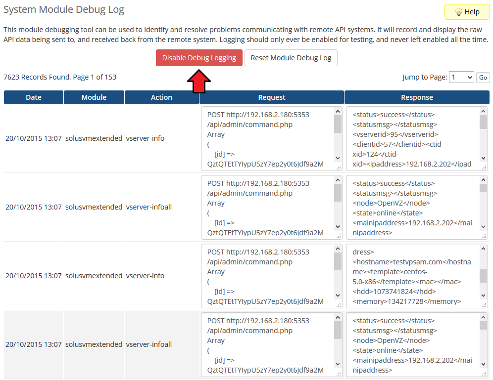 SolusVM Extended VPS For WHMCS: System Module Debug Log with request and response entries and Disable Debug Logging