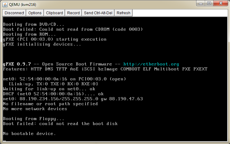 SolusVM Extended VPS For WHMCS: VNC console Java window showing a QEMU virtual machine boot screen