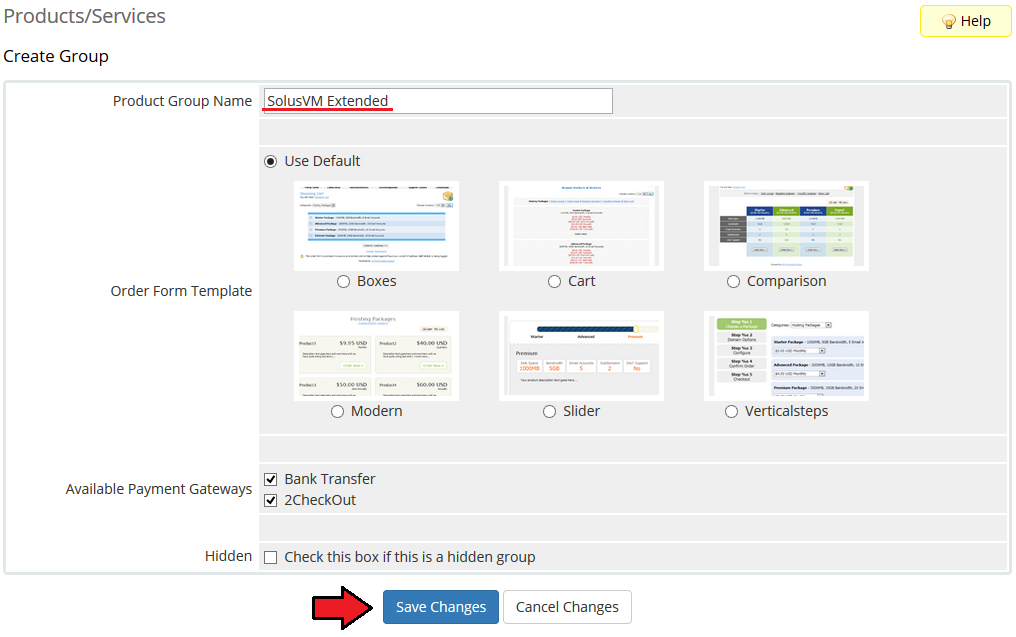 SolusVM Extended VPS For WHMCS: WHMCS Create Group form with product group name, order form template and Save Changes
