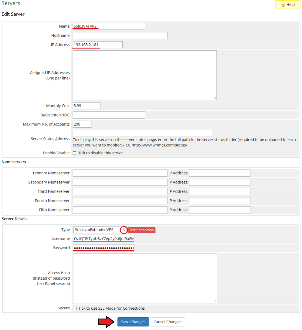 SolusVM Extended VPS For WHMCS: WHMCS Edit Server form with name, IP address, module type and API credentials