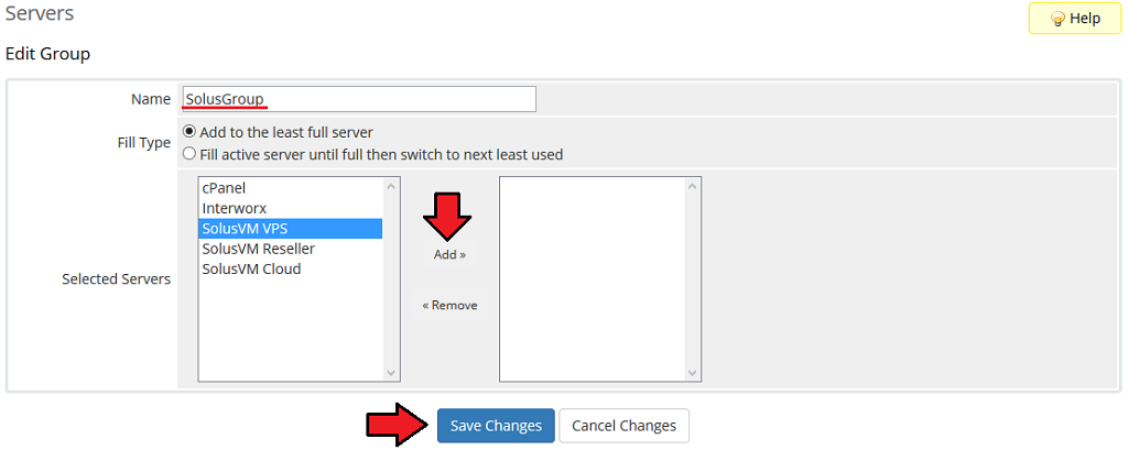 SolusVM Extended VPS For WHMCS: WHMCS Edit Group form with group name, fill type and the SolusVM VPS server selected