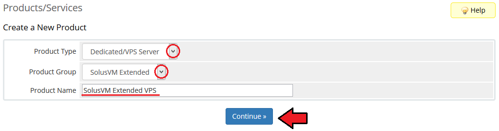 SolusVM Extended VPS For WHMCS: WHMCS Create a New Product form with Dedicated/VPS Server type, group and product name