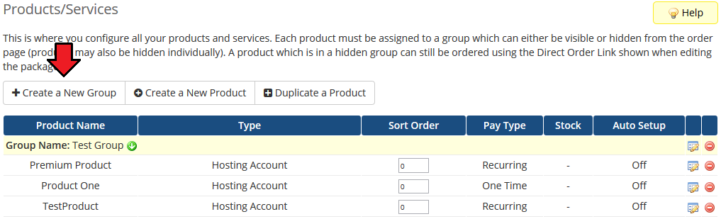SolusVM Extended VPS For WHMCS: WHMCS Products/Services page with the Create a New Group button
