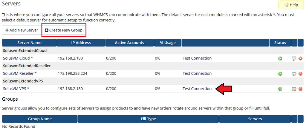 SolusVM Extended VPS For WHMCS: WHMCS Servers list with the SolusVM VPS server, Test Connection and Create New Group