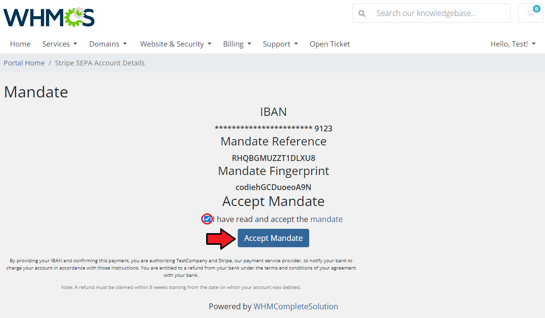 Stripe SEPA Payments For WHMCS: client area Mandate page with the acceptance checkbox and Accept Mandate button