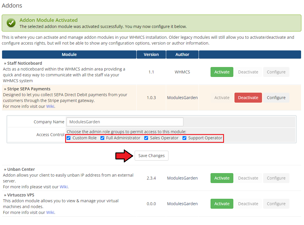 Stripe SEPA Payments For WHMCS: Addons list after activation with Access Control admin role checkboxes and Save Changes
