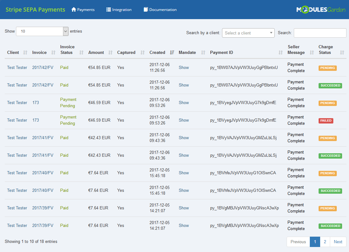 Stripe SEPA Payments For WHMCS: admin Payments page with a table of invoices, amounts, mandates and charge statuses