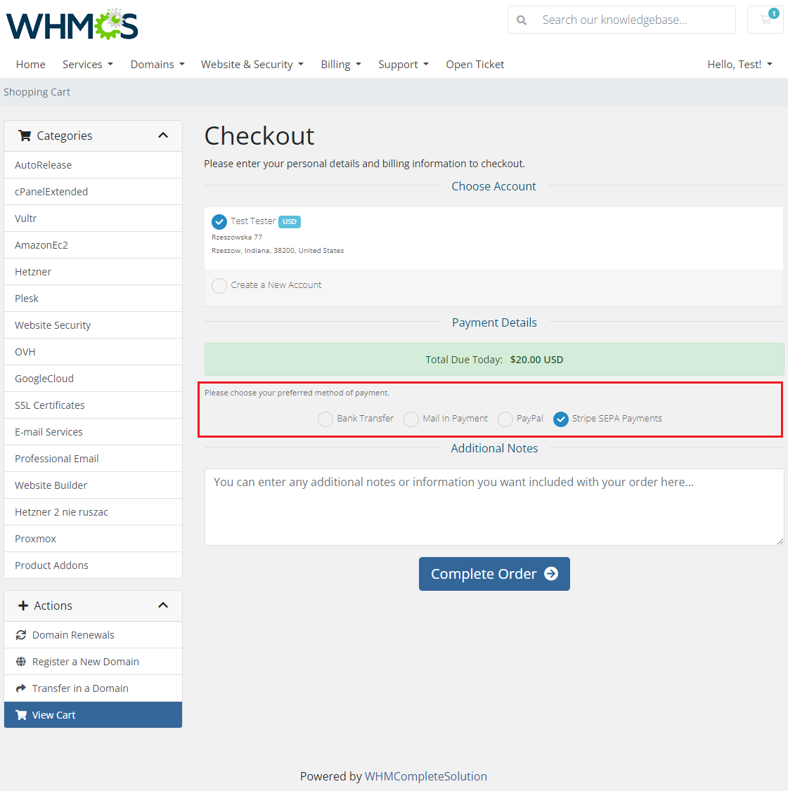 Stripe SEPA Payments For WHMCS: WHMCS checkout with Stripe SEPA Payments selected as payment method and Complete Order
