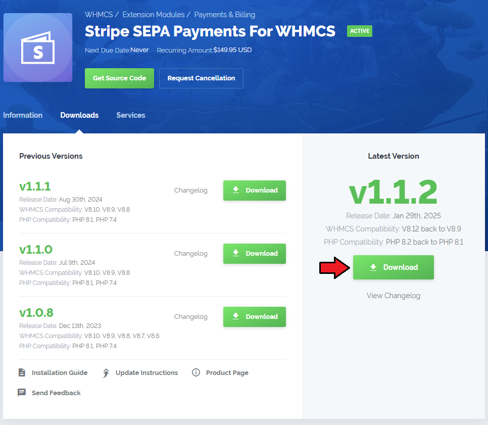 Stripe SEPA Payments For WHMCS: client area product page, Downloads tab, with the Download button for the latest version