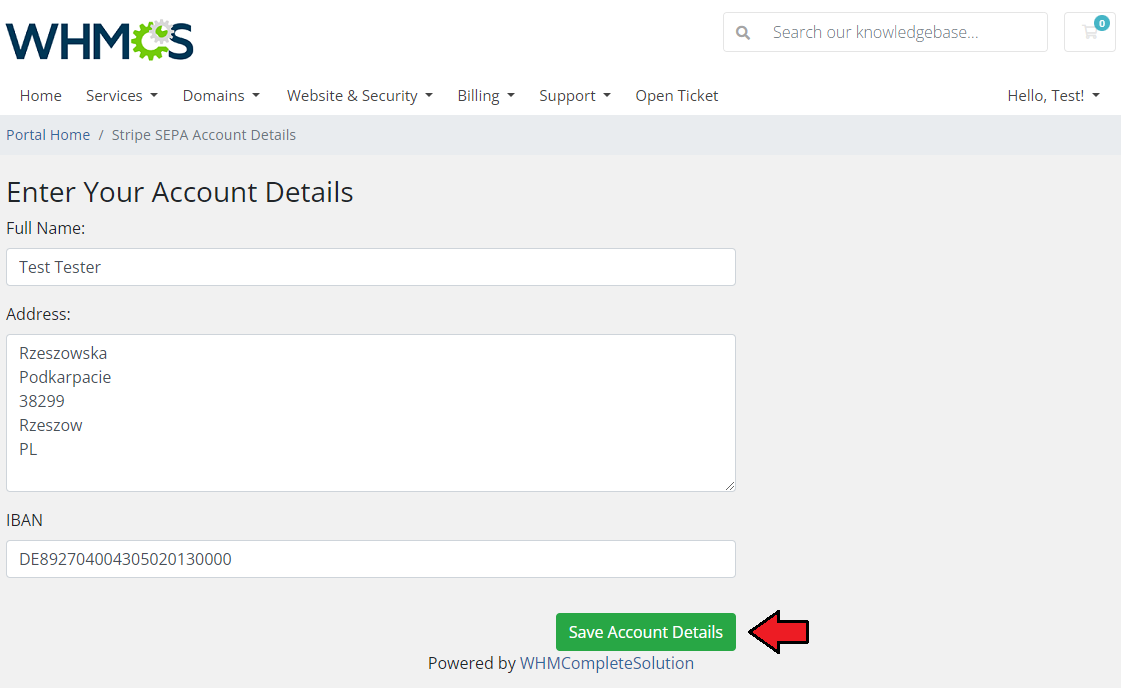 Stripe SEPA Payments For WHMCS: client area Enter Your Account Details form with IBAN field and Save Account Details