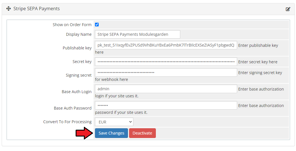 Stripe SEPA Payments For WHMCS: gateway settings with API keys, Convert To For Processing set to EUR and Save Changes