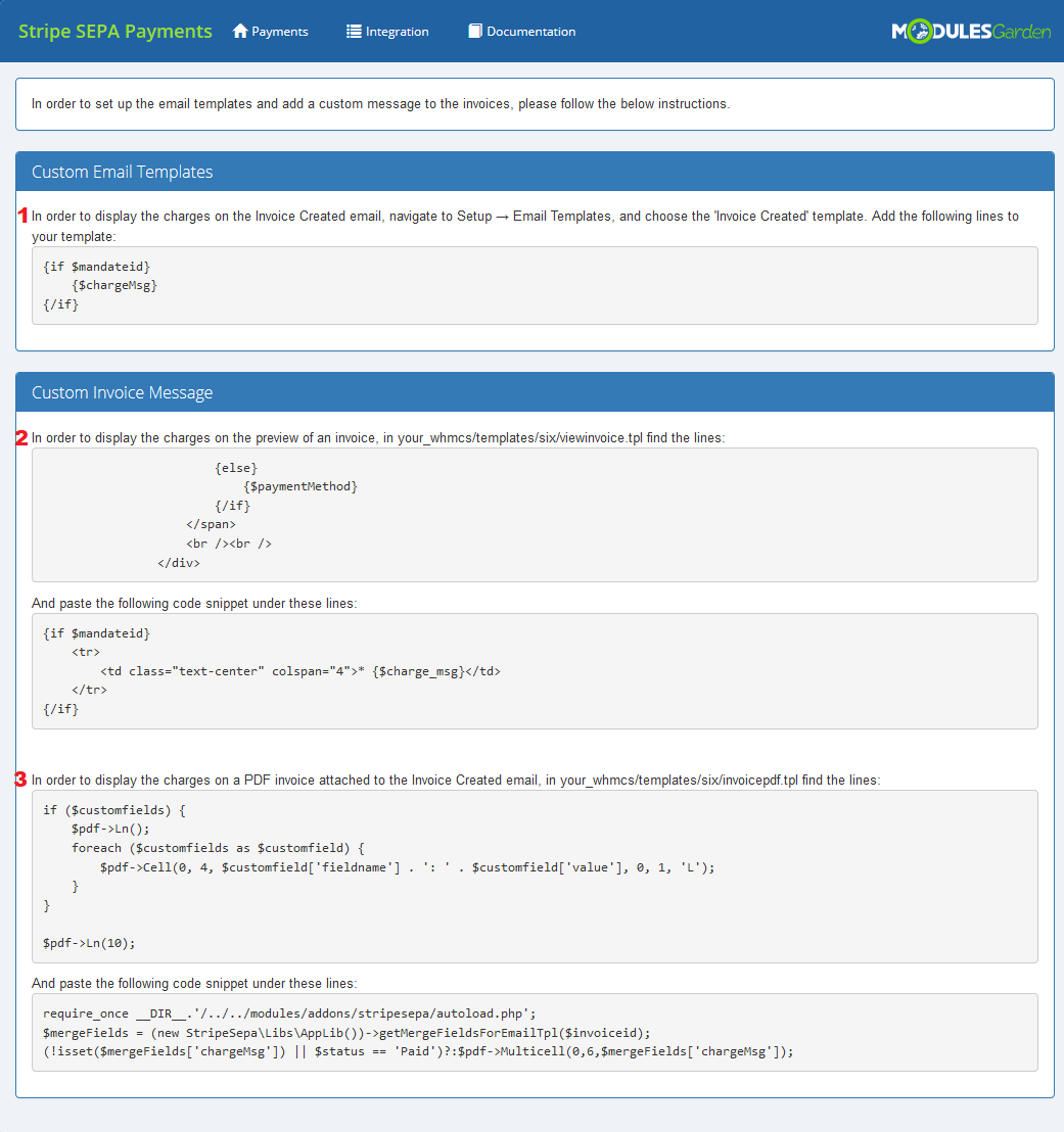 Stripe SEPA Payments For WHMCS: Integration page with three code snippets for email, invoice preview and PDF invoice