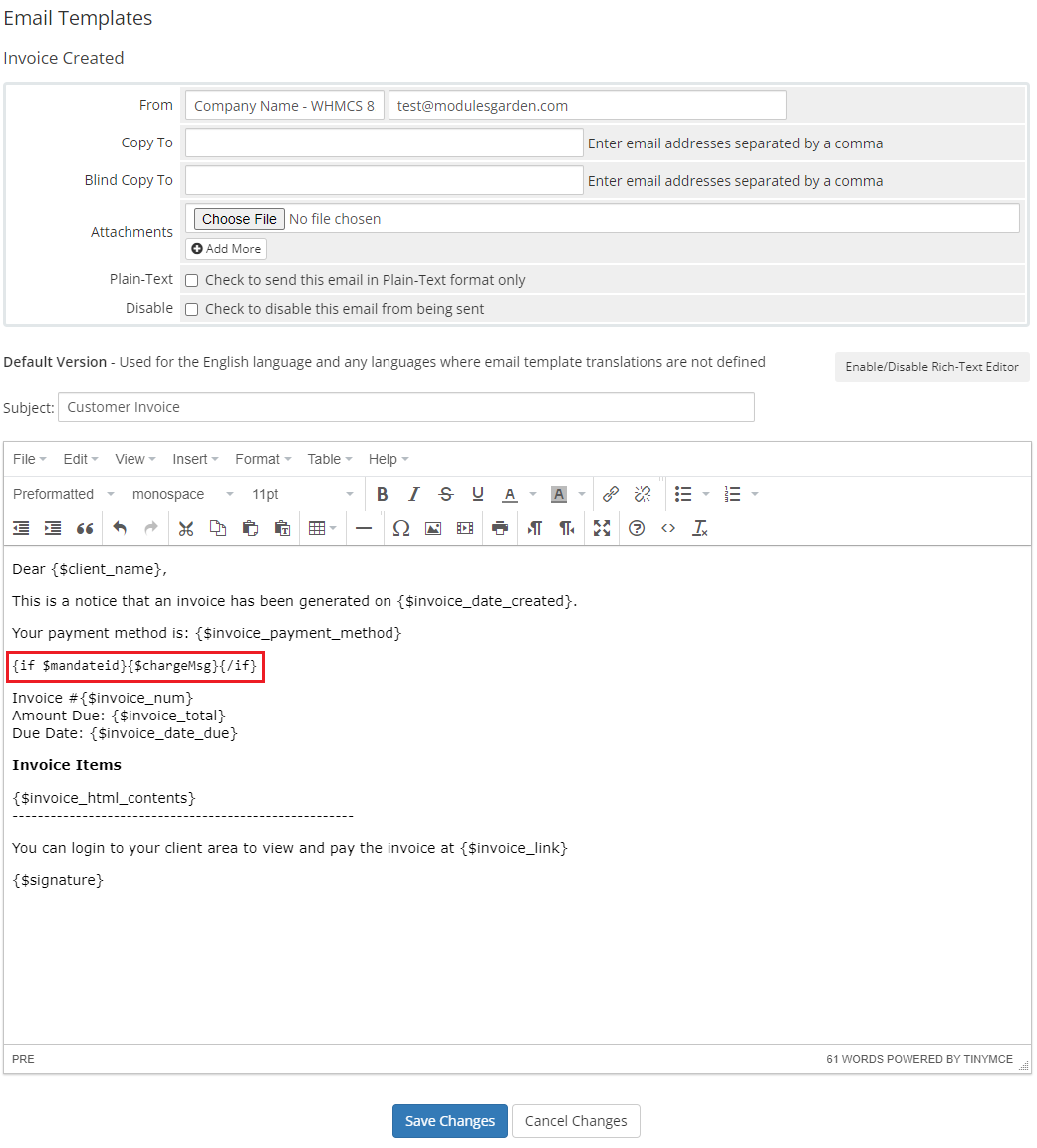 Stripe SEPA Payments For WHMCS: Invoice Created email template editor with the charge message code highlighted