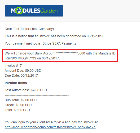 Stripe SEPA Payments For WHMCS: sample Invoice Created email with the bank account charge message and mandate ID